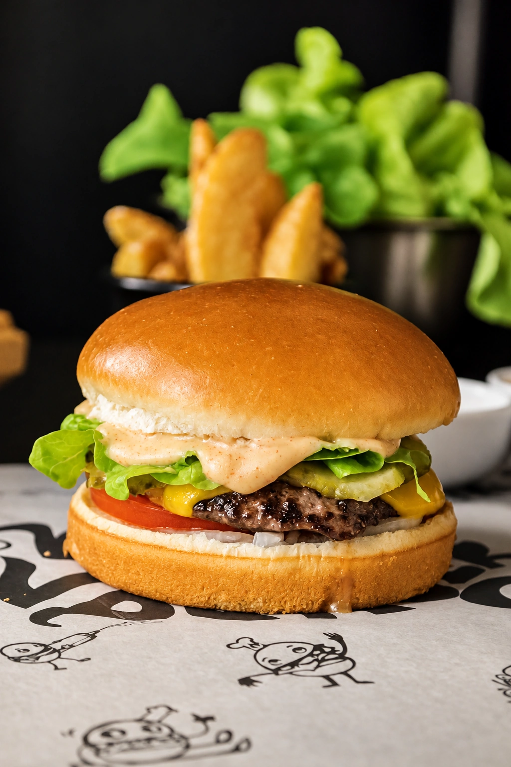 Smash com queijo, picles, alface, tomate e molho, com fritas ao fundo.
