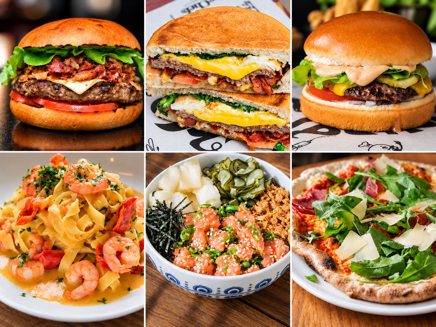 Colagem com burger, xis, smash, massa com camarões, poke de salmão e pizza.